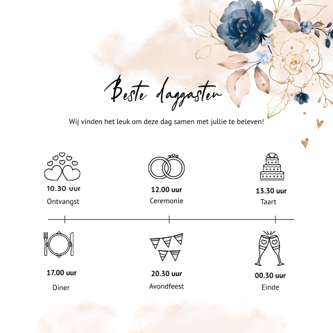 Breeze chic dagprogramma kaart details voor trouwdag