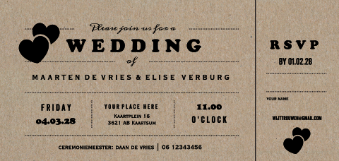 Wedding ticket met rsvp gedrukt op echt kraft papier