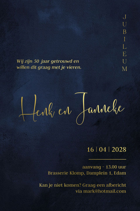 Uitnodiging 50 jaar getrouwd blauw velvet look folie