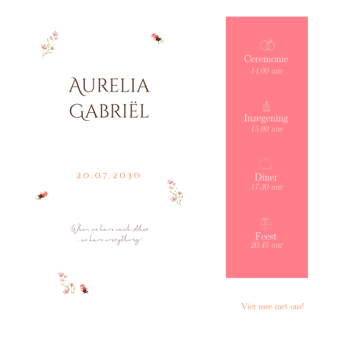 Stapelkaart met bloemen, kaartje met programma en labeltje