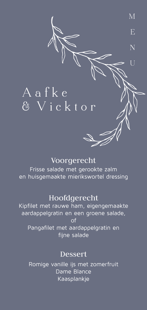 Modern clean enkele menukaart blauwgrijs met takje