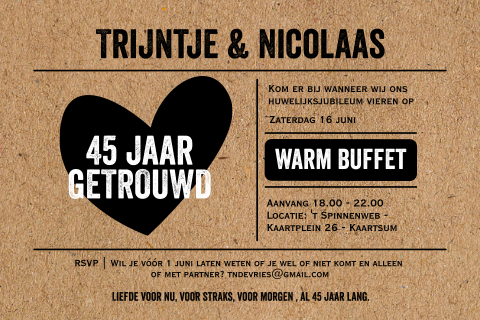 Kraft look uitnodiging 45 jaar huwelijksjubileum in ticket vorm
