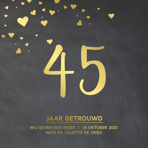 Uitnodiging huwelijksjubileum schoolbord look en goudfolie