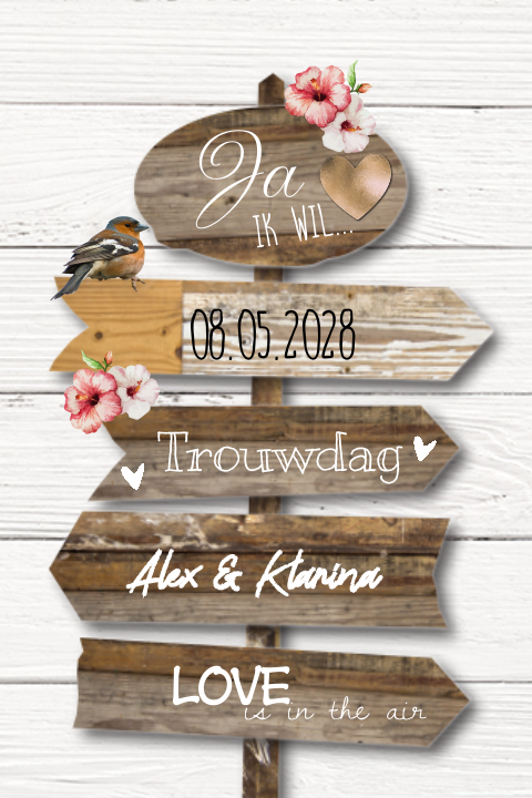Enkele romantische trouwkaart met wegwijs pijlen van hout
