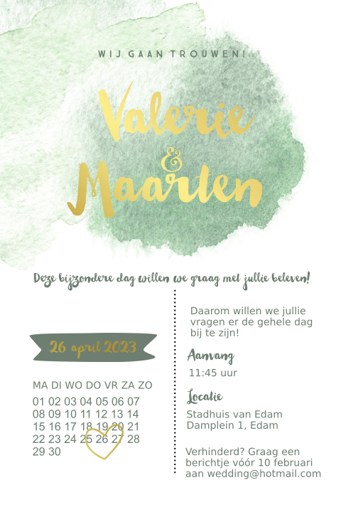 Watercolor trouwkaart kalender, groen met écht goud foliedruk
