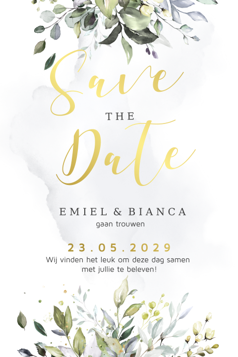 Botanische save the date bladeren écht goudfolie
