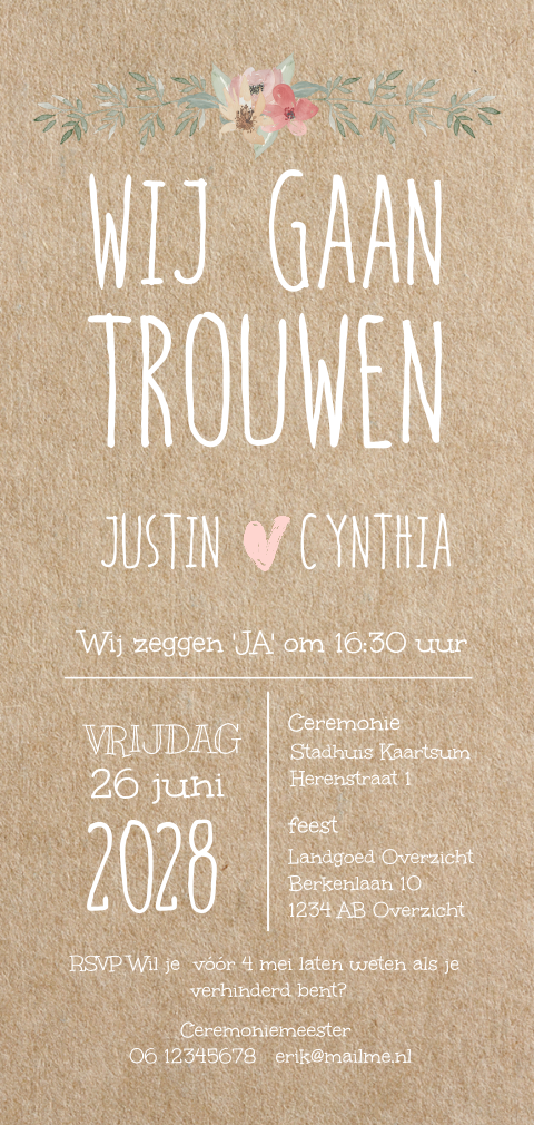 Kraft look trouwkaart bloemen zelf maken