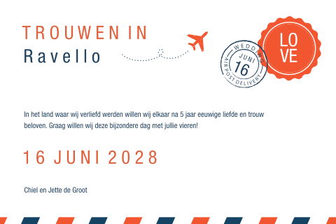 Moderne trouwkaart in de stijl van air post postkaart