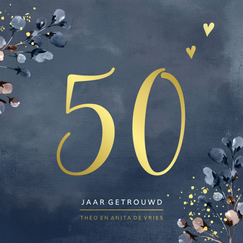 50 jaar getrouwd uitnodiging donkerblauw watercolor goud