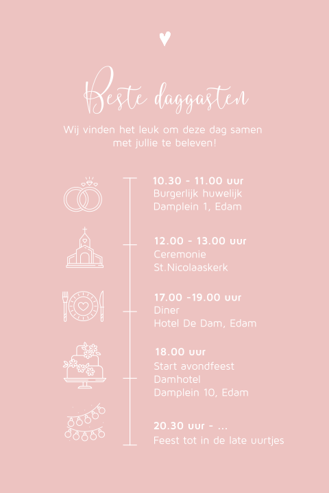 Roze dagprogramma kaart details voor trouwdag