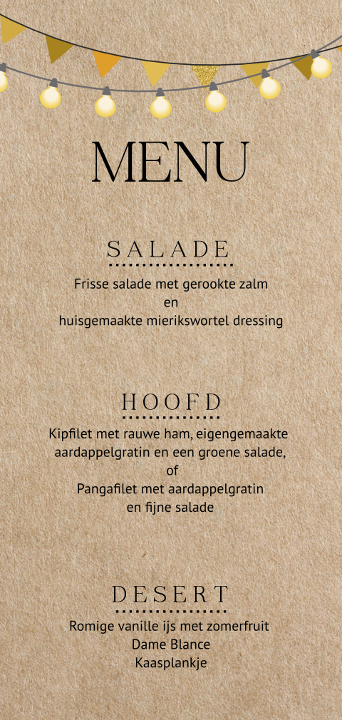 Enkele menukaart met slinger en lampjes