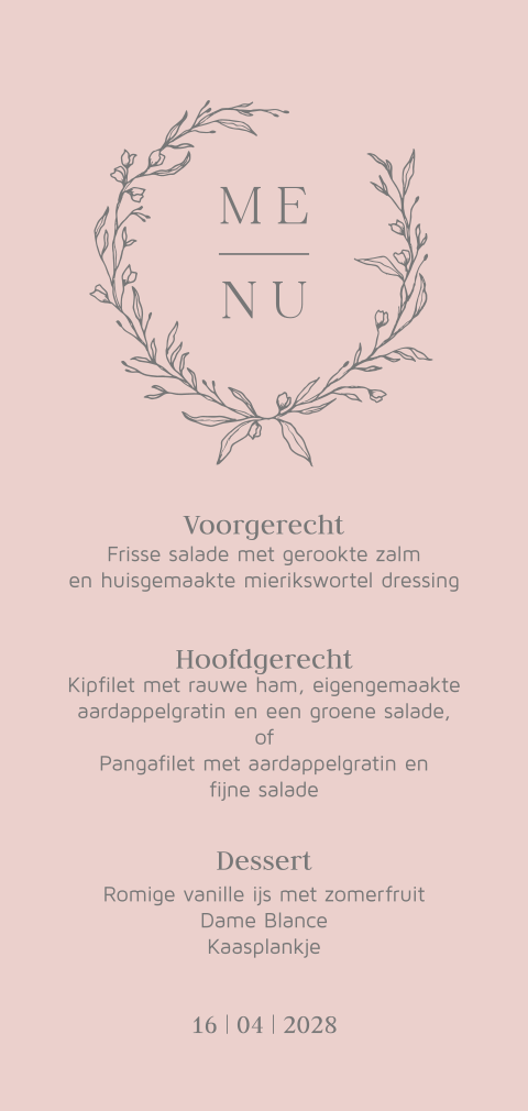 Modern clean enkele menukaart dusty pink zelf maken