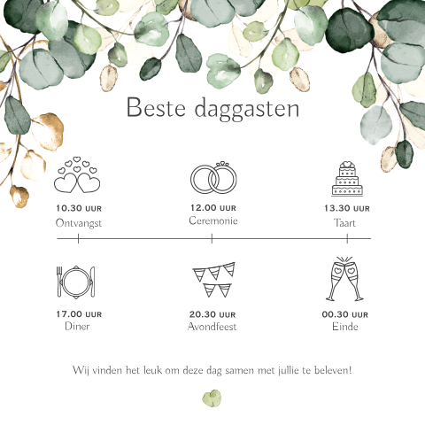Eucalyptus watercolor dagprogramma kaart details trouwdag