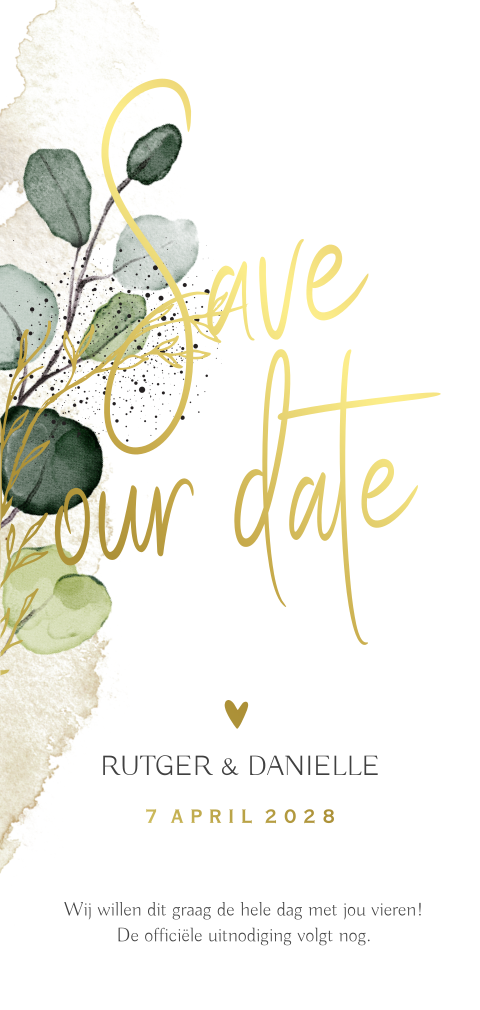 Eucalyptus save our date trouwkaart watercolor goudfolie