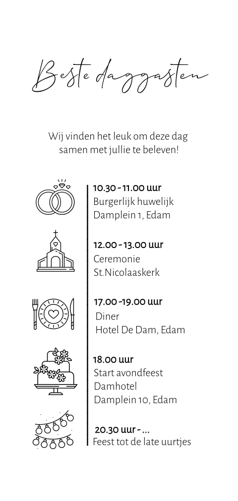 Strakke langwerpig trouwkaart wit met iconen