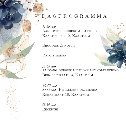 sunset flowers dagprogramma trouwkaart blauwe bloemen