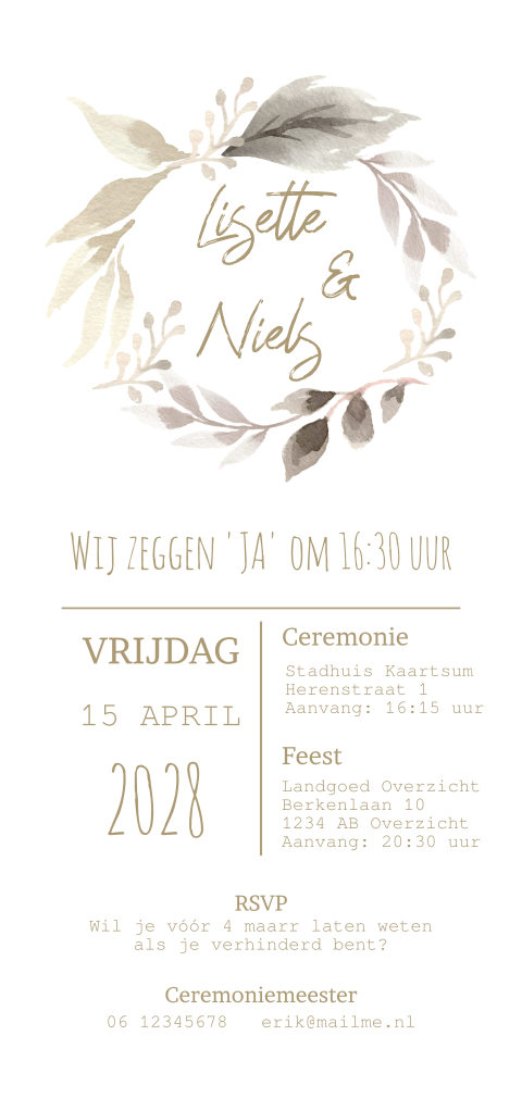 Hippe staande watercolor bladgroen trouwkaart zelf maken