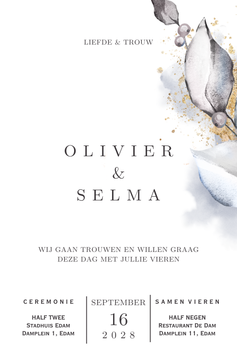 Trouwkaart enkel met sunset flowers lila bladeren