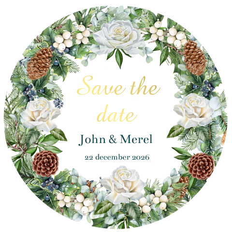 Save the date uitnodiging met krans van rozen in ronde vorm