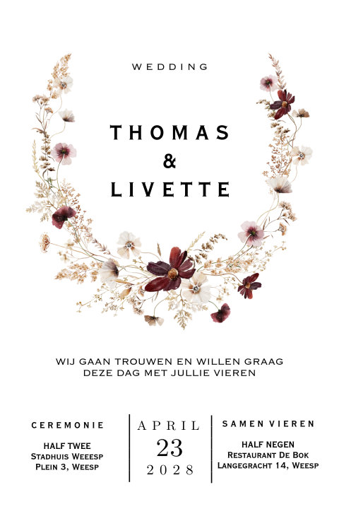Botanische trouwkaart met roze rode bloemenkrans