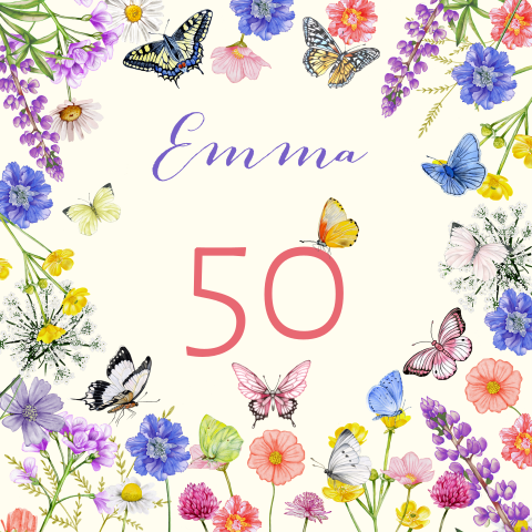 Uitnodiging 50e verjaardag vrouw met vlinders en bloemen