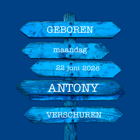 Geboortekaartje houten wegwijzer blauw
