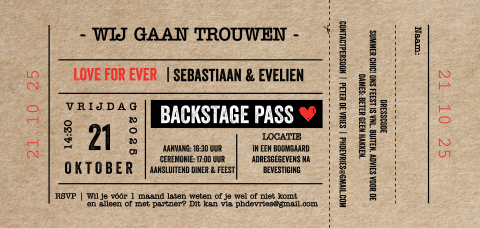 Trouwkaart ticket langwerpig met kraft