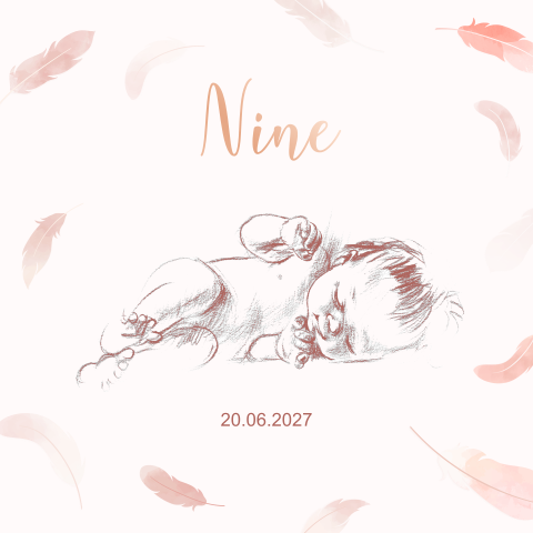 Geboortekaartje baby met veertjes foliedruk