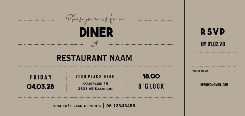 Ticket uitnodiging diner restaurant