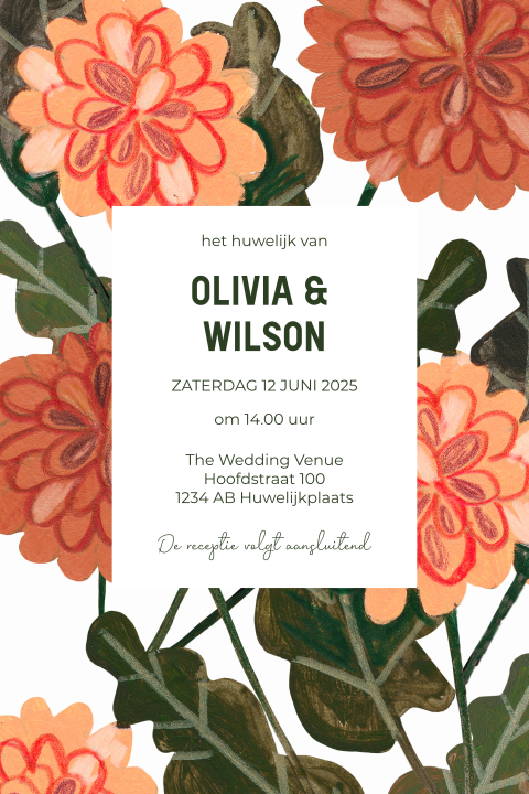 Trouwkaart bloemen geschilderd peach met groen