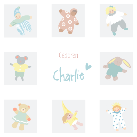 Unisex geboortekaartje met lieve getekende knuffeltjes