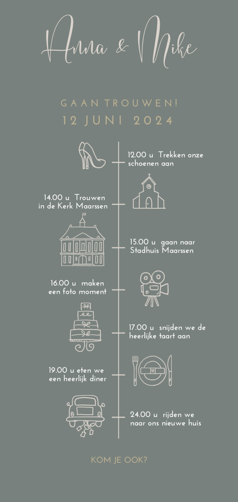 Langwerpige staande trouwkaart tijdlijn hip groen