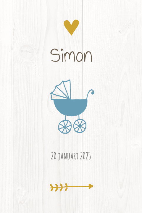 Geboortekaartje jongen silhouet kinderwagen op hout