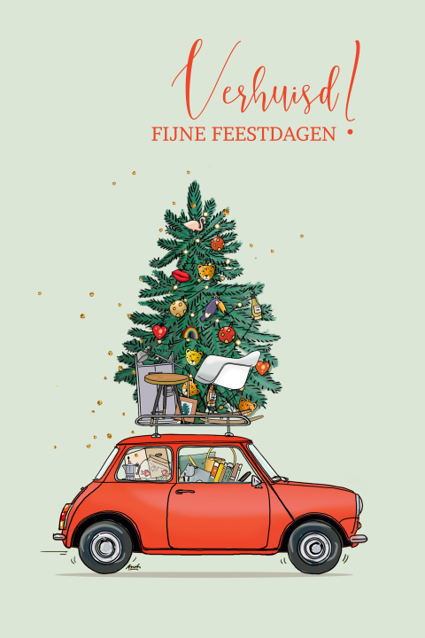 Trendy kerst verhuiskaart in kerstsfeer met mini