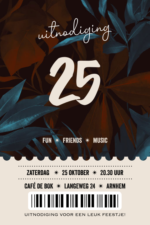 Uitnodiging 25 jaar jaar ticket met bladeren