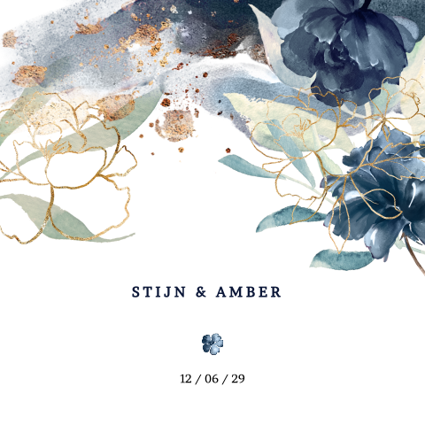Trouwkaart met prachtige blauwe waterverf bloemen