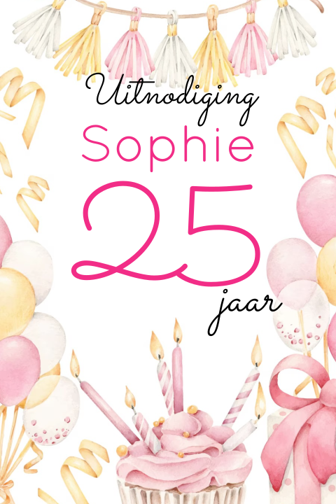 Uitnodiging 25e verjaardag vrouw met cupcake en ballonnen