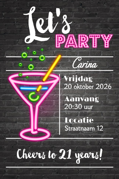 Uitnodiging 21 diner met cocktail  met neon verlichting