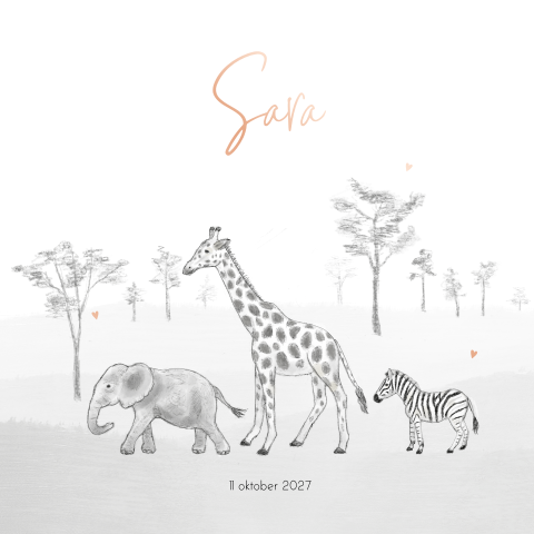 Geboortekaartje meisje safari dieren zwart-wit