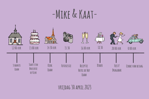 Grappige trouwuitnodiging tijdlijn met icoontjes illustraties in lila