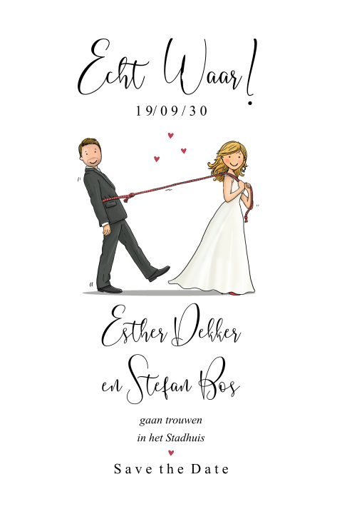 Save the date kaart bruidspaar met touw