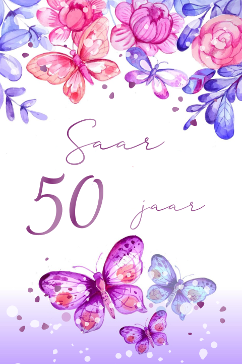 50 jaar uitnodiging paars roze met vlinders en bloem