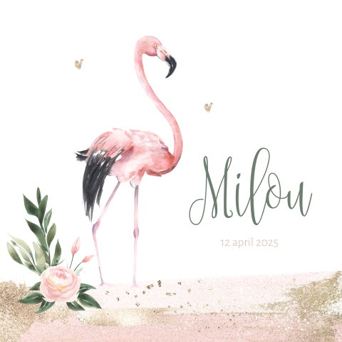 Mooi geboortekaartje meisje flamingo, waterverf en goud glitter look