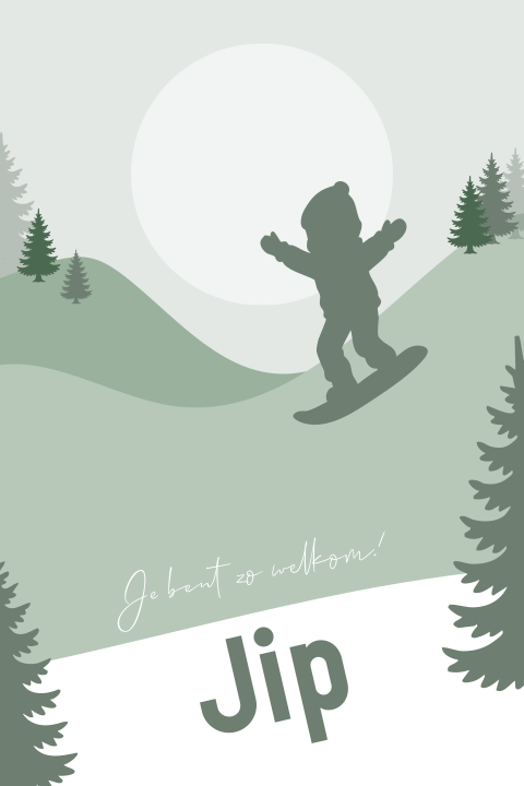 Geboortekaartje jongen met snowboard wintersport silhouet 