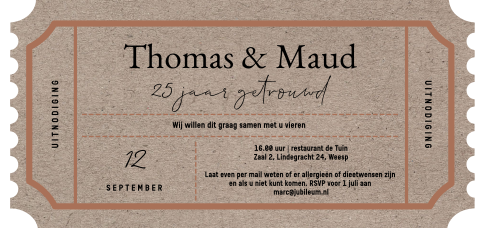 25 jarig jubileum uitnodiging kraft look in ticket vorm