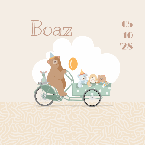 Geboortekaartje jongen beer met knuffels in bakfiets 