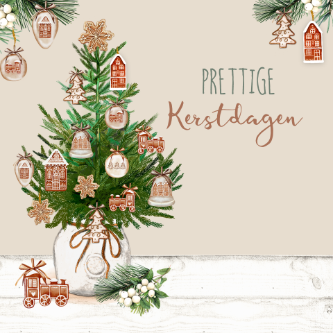 Kerstkaart met kerstboom in pot versierd met gingerbread