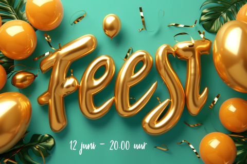 Uitnodiging FEEST gouden ballonnen serpentine