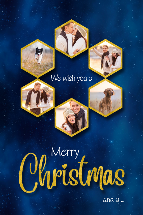 Kerst collagekaart met 6 fotovlakken op blauw