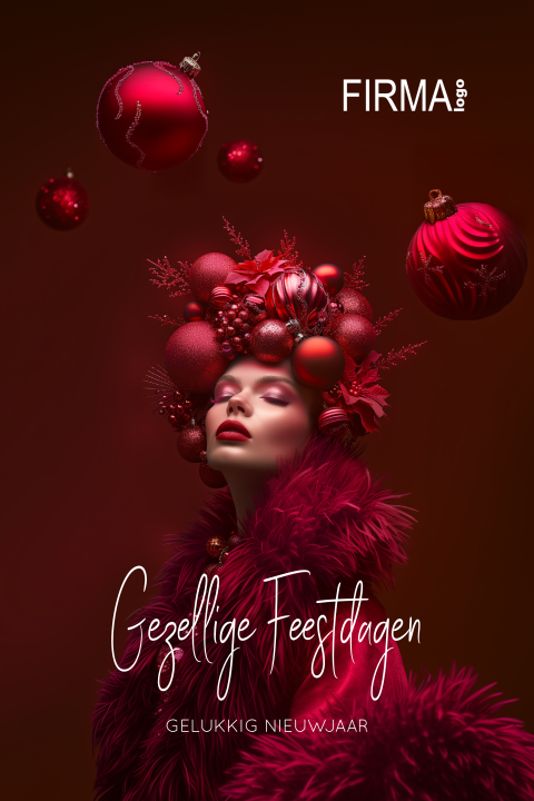 Zakelijke kerstkaart rood cover model kerstballen kapsel